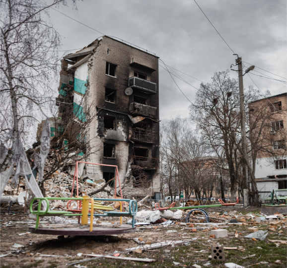Zerstörte Wohnhäuser in der Ukraine